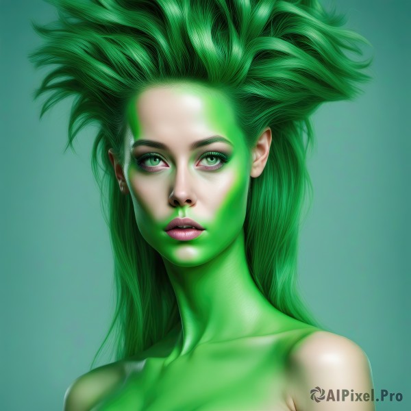 1girl,solo,long hair,breasts,looking at viewer,large breasts,cleavage,jewelry,medium breasts,green eyes,collarbone,upper body,nude,earrings,parted lips,green hair,lips,eyelashes,makeup,colored skin,watermark,lipstick,monster girl,portrait,eyeshadow,green background,realistic,nose,green skin,green theme,plant girl,spiked hair,web address,green lips