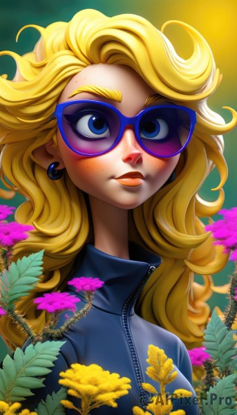 1girl,solo,long hair,looking at viewer,blue eyes,blonde hair,jewelry,closed mouth,jacket,upper body,flower,earrings,artist name,lips,eyelashes,makeup,leaf,thick eyebrows,plant,lipstick,eyeshadow,zipper,freckles,curly hair,yellow flower,nose,glasses,watermark,wavy hair,sunglasses