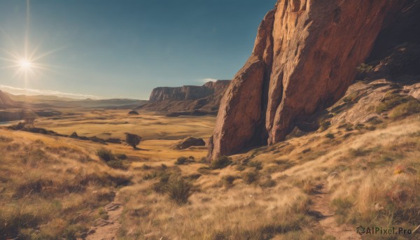 flower,outdoors,sky,day,signature,blue sky,no humans,sunlight,grass,nature,scenery,rock,mountain,sun,field,landscape,mountainous horizon,desert,sand,cliff