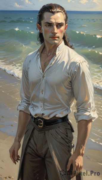 solo,long hair,looking at viewer,brown hair,shirt,black hair,1boy,brown eyes,jewelry,closed mouth,standing,white shirt,male focus,cowboy shot,outdoors,sky,day,collared shirt,belt,pants,cloud,medium hair,water,necklace,blue sky,lips,wet,buttons,ocean,scar,beach,wet clothes,sleeves rolled up,black belt,realistic,sand,shirt tucked in,wet shirt,grey pants,waves,1girl,blush,looking to the side,shadow,cloudy sky,scar on face,veins,horizon,brown pants,partially unbuttoned