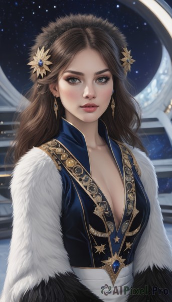 1girl,solo,long hair,breasts,looking at viewer,blush,brown hair,hair ornament,dress,cleavage,brown eyes,jewelry,medium breasts,closed mouth,collarbone,upper body,flower,hairband,earrings,sky,hair flower,lips,grey eyes,fur trim,night,watermark,gem,star (sky),web address,freckles,realistic,nose,bangs,large breasts,star (symbol),parted bangs,forehead,starry sky,red lips