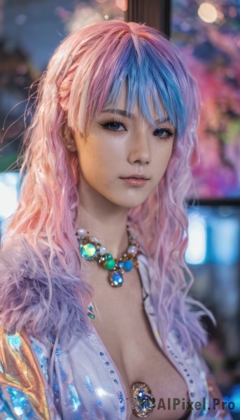 1girl,solo,long hair,breasts,looking at viewer,bangs,blue eyes,large breasts,cleavage,jewelry,medium breasts,closed mouth,blue hair,upper body,pink hair,multicolored hair,earrings,open clothes,necklace,bra,blurry,black eyes,two-tone hair,lips,depth of field,blurry background,wavy hair,gem,realistic,nose,green gemstone,shirt,artist name,eyelashes,open shirt,gradient hair,makeup,freckles,unbuttoned,bokeh,pearl necklace