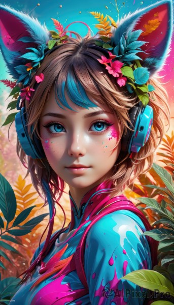 1girl,solo,breasts,looking at viewer,short hair,bangs,blue eyes,brown hair,shirt,hair ornament,animal ears,medium breasts,closed mouth,blue hair,upper body,flower,ahoge,multicolored hair,outdoors,day,artist name,cat ears,hair flower,from side,two-tone hair,lips,streaked hair,eyelashes,makeup,headphones,leaf,watermark,facial mark,plant,lipstick,portrait,pink flower,eyeshadow,freckles,pink lips,nose,eyeliner,whisker markings,facepaint,colorful,mascara,paint splatter,heart,sky,blue sky,fox ears,fake animal ears,blue shirt,web address,animal ear headphones