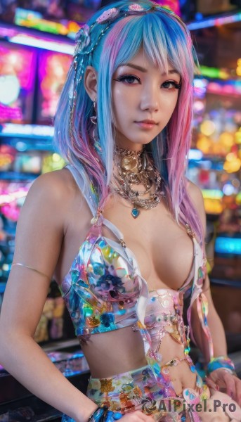 1girl,solo,long hair,breasts,looking at viewer,bangs,blue eyes,navel,cleavage,bare shoulders,jewelry,medium breasts,blue hair,upper body,pink hair,multicolored hair,hairband,earrings,midriff,necklace,nail polish,mole,blurry,bracelet,two-tone hair,lips,gradient hair,makeup,blurry background,ring,gem,breasts apart,armlet,realistic,nose,skirt,hair ornament,closed mouth,swimsuit,bikini,artist name,fingernails,grey eyes,eyelashes,depth of field,watermark,piercing,ear piercing,revealing clothes,bikini top only,pink nails,navel piercing,pearl (gemstone)