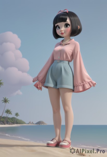 1girl,solo,breasts,looking at viewer,blush,smile,short hair,open mouth,bangs,shirt,black hair,long sleeves,ribbon,brown eyes,standing,full body,hair ribbon,outdoors,frills,sky,shoes,shorts,teeth,day,cloud,wide sleeves,blunt bangs,water,nail polish,black eyes,red ribbon,tree,blue sky,lips,sleeves past wrists,short shorts,buttons,ocean,beach,bob cut,cloudy sky,frilled sleeves,red footwear,mary janes,pink ribbon,blue shorts,denim shorts,pink shirt,sand,palm tree,pink footwear,red lips,female child,shirt tucked in,high-waist shorts,closed mouth,no humans,phone,sandals,cellphone,denim,smartphone,holding phone