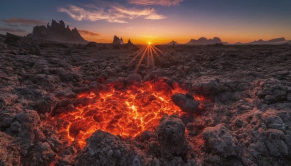 outdoors, sky, cloud, no humans, fire, scenery, sunset, rock, mountain, sun, destruction, molten rock