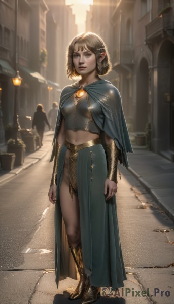 1girl,solo,breasts,looking at viewer,short hair,skirt,blonde hair,brown hair,hair ornament,navel,brown eyes,jewelry,standing,full body,small breasts,boots,outdoors,solo focus,day,pointy ears,midriff,necklace,cape,armor,lips,crop top,capelet,brown footwear,sunlight,knee boots,elf,building,walking,long skirt,city,realistic,nose,fantasy,arms at sides,road,multiple others,forehead jewel,street,people,blue eyes,cleavage,medium breasts,green skirt,gold trim,triforce