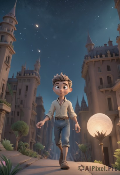 solo,looking at viewer,smile,short hair,brown hair,shirt,1boy,brown eyes,full body,white shirt,male focus,boots,outdoors,sky,collared shirt,belt,pants,black eyes,tree,night,brown footwear,moon,denim,building,child,star (sky),night sky,full moon,sleeves rolled up,starry sky,walking,jeans,city,blue pants,road,male child,lamppost,castle,tower,path,plant,scenery,fantasy