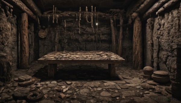 monochrome,weapon,sword,indoors,no humans,scenery,fantasy,candle,pillar,brown theme,torch,cave,barrel,candlestand,treasure chest,rock,sign,light,ruins,stone,wood