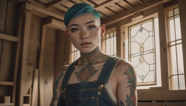 1girl,solo,looking at viewer,short hair,bangs,bare shoulders,brown eyes,jewelry,closed mouth,blue hair,collarbone,upper body,multicolored hair,earrings,green hair,indoors,blurry,lips,window,tattoo,piercing,freckles,overalls,arm tattoo,very short hair,shoulder tattoo,undercut,neck tattoo,eyebrow cut,parted lips,mole,makeup,thick eyebrows,backlighting,asymmetrical hair,realistic,nose,blue overalls,naked overalls