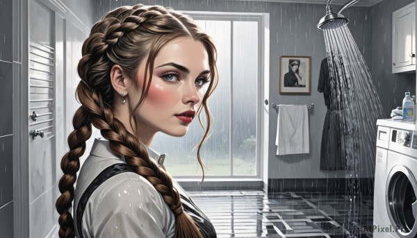 1girl,solo,long hair,looking at viewer,blush,blue eyes,brown hair,shirt,jewelry,white shirt,upper body,braid,earrings,parted lips,collared shirt,indoors,water,twin braids,from side,lips,wet,window,makeup,lipstick,wet clothes,reflection,rain,mirror,tiles,red lips,wet shirt,showering,shower head,sink,laundry,signature,looking to the side,grey eyes,bottle,towel,freckles,realistic,nose