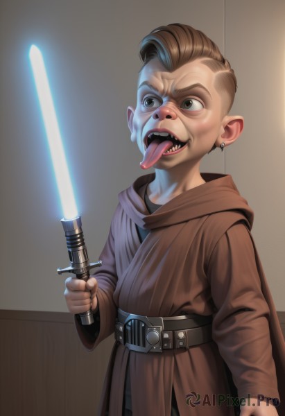 solo,open mouth,brown hair,1boy,holding,brown eyes,jewelry,weapon,male focus,earrings,teeth,tongue,belt,sword,hood,tongue out,holding weapon,cosplay,colored skin,fangs,parody,holding sword,piercing,ear piercing,science fiction,robe,realistic,animification,energy sword,tunic,mohawk,lightsaber,cape,black eyes,sharp teeth