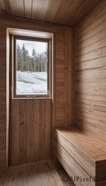 outdoors,day,indoors,tree,no humans,window,nature,scenery,snow,forest,wooden floor,door,winter,bare tree,wooden wall,wood,sky,cloud,still life