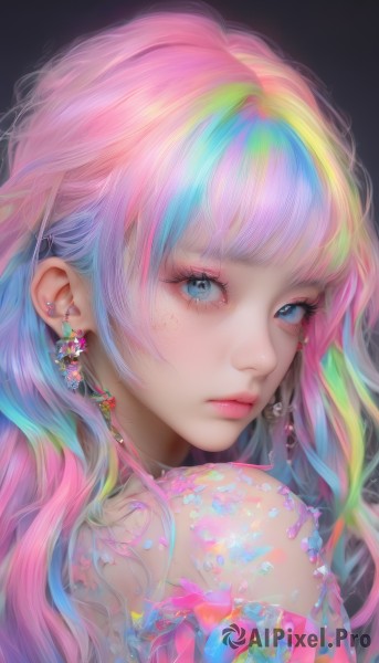 1girl,solo,long hair,looking at viewer,bangs,blue eyes,simple background,bare shoulders,jewelry,closed mouth,blue hair,upper body,pink hair,multicolored hair,earrings,looking back,from side,lips,streaked hair,eyelashes,tattoo,gradient hair,makeup,piercing,lipstick,black background,portrait,eyeshadow,freckles,pink lips,realistic,nose,eyeliner,colorful,mascara,rainbow hair,flower,blunt bangs,aqua hair,gem,ear piercing