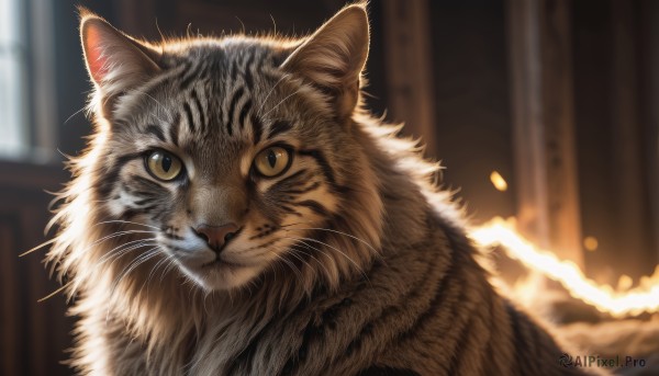 solo,looking at viewer,closed mouth,yellow eyes,indoors,blurry,no humans,window,depth of field,blurry background,animal,cat,realistic,animal focus,whiskers,signature,portrait,close-up,colored sclera,yellow sclera