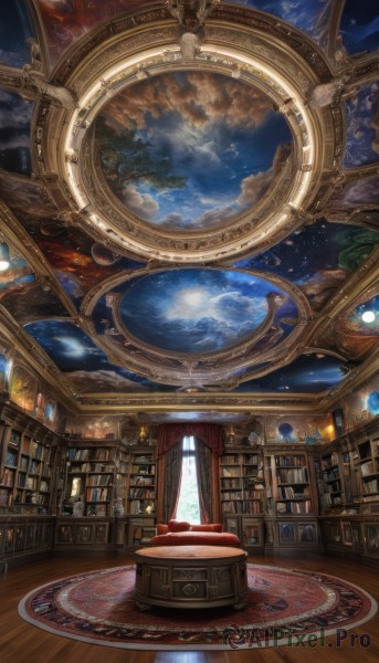 sky,cloud,indoors,book,no humans,window,chair,moon,table,curtains,star (sky),scenery,starry sky,wooden floor,fantasy,bookshelf,planet,library,carpet,rug,globe,blue sky,night,cloudy sky,night sky,clock,book stack,painting (object),loaded interior