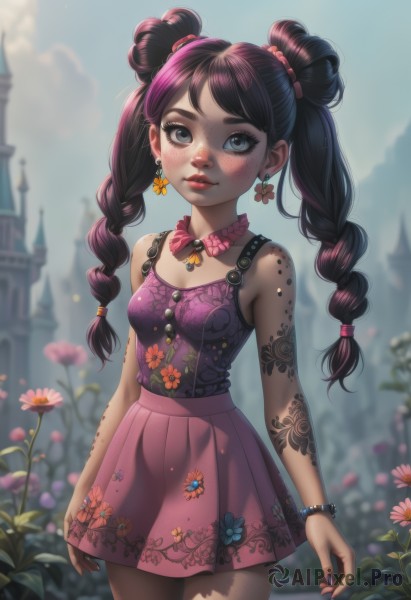 1girl,solo,long hair,breasts,looking at viewer,blush,bangs,blue eyes,skirt,brown hair,shirt,black hair,hair ornament,dress,bare shoulders,twintails,jewelry,closed mouth,standing,purple hair,braid,flower,multicolored hair,cowboy shot,pleated skirt,earrings,small breasts,outdoors,sky,sleeveless,day,artist name,cloud,hair bun,nail polish,blurry,twin braids,bracelet,two-tone hair,lips,fingernails,grey eyes,eyelashes,sleeveless shirt,double bun,tattoo,makeup,depth of field,blurry background,floral print,thick eyebrows,plant,lipstick,pink flower,pink nails,eyeshadow,pink skirt,freckles,beads,nose,arms at sides,purple nails,arm tattoo,bead bracelet,mascara,flower earrings,body freckles,smile,cleavage,miniskirt,collar,building,purple skirt,castle,flower tattoo