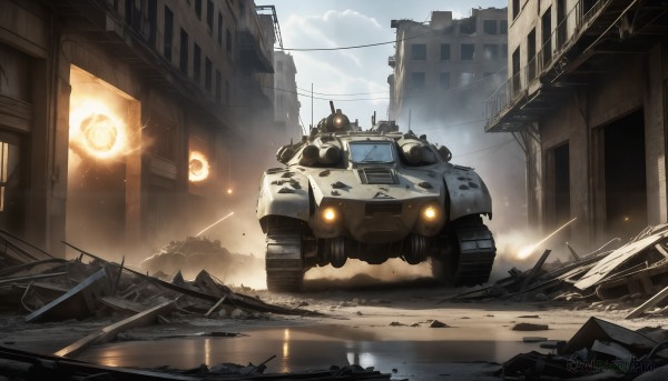 HQ,weapon,outdoors,sky,day,cloud,water,gun,military,no humans,glowing,ground vehicle,building,scenery,motor vehicle,smoke,science fiction,city,military vehicle,car,road,ruins,vehicle focus,firing,debris,destruction,truck,window,robot,mecha,realistic,battle,explosion,tank,radio antenna