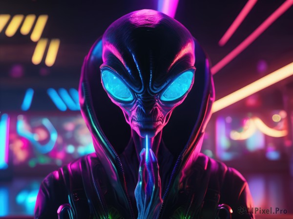 solo,looking at viewer,blue eyes,gloves,1boy,upper body,male focus,hood,blurry,bodysuit,mask,night,depth of field,blurry background,glowing,portrait,finger to mouth,hood up,superhero,neon lights,jacket,spider web print