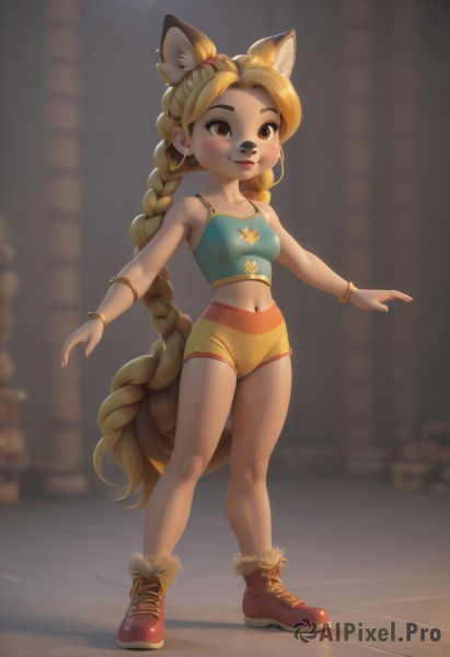 1girl,solo,long hair,breasts,blush,smile,blonde hair,shirt,hair ornament,navel,animal ears,bare shoulders,brown eyes,jewelry,very long hair,standing,collarbone,tail,full body,braid,small breasts,boots,shoes,shorts,midriff,artist name,indoors,blurry,twin braids,bracelet,lips,crop top,animal ear fluff,legs,fox ears,short shorts,blurry background,fox tail,blue shirt,fox girl,red footwear,furry,forehead,camisole,furry female,animal nose,yellow shorts,looking at viewer,earrings,extra ears,long braid