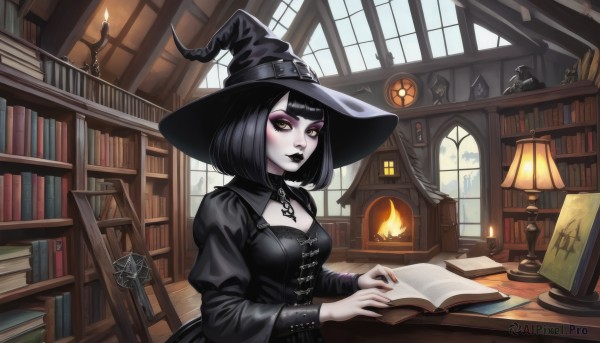 1girl,solo,breasts,looking at viewer,short hair,bangs,black hair,long sleeves,hat,dress,cleavage,jewelry,medium breasts,sitting,closed mouth,yellow eyes,upper body,small breasts,puffy sleeves,indoors,blunt bangs,necklace,nail polish,black eyes,black dress,fingernails,book,window,black headwear,makeup,witch hat,colored skin,chair,cleavage cutout,table,bob cut,cross,fire,lipstick,juliet sleeves,pale skin,black nails,desk,paper,open book,bookshelf,witch,magic,candle,book stack,library,pentagram,gothic,black lips,candlestand,clock,lamp