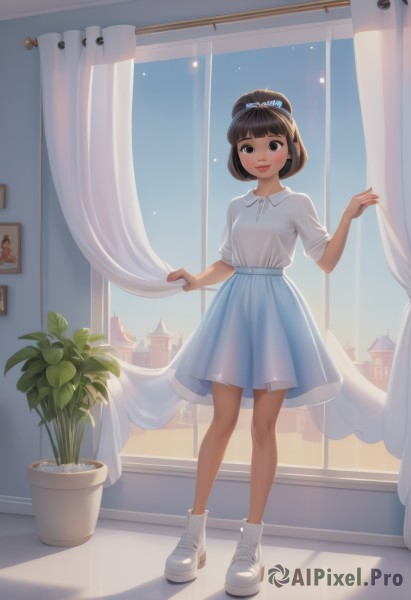 1girl,solo,looking at viewer,blush,smile,short hair,bangs,skirt,brown hair,shirt,black hair,hair ornament,bow,ribbon,brown eyes,closed mouth,standing,full body,white shirt,flower,short sleeves,hair bow,sky,shoes,day,socks,collared shirt,indoors,blunt bangs,black eyes,blue sky,lips,blue skirt,see-through,window,shadow,blue bow,white footwear,plant,blue ribbon,curtains,building,sneakers,backlighting,potted plant,flower pot,curtain grab,open window,cactus,hair bun,single hair bun,polka dot,see-through silhouette