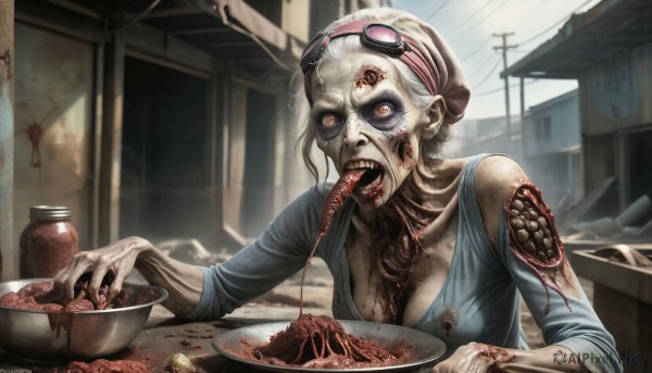 HQ,1girl,solo,breasts,short hair,open mouth,shirt,cleavage,medium breasts,collarbone,white hair,outdoors,food,teeth,day,tongue,tongue out,orange eyes,blood,makeup,eating,blue shirt,goggles,building,veins,bowl,goggles on head,realistic,power lines,dirty,meat,zombie,horror (theme),guro,messy,looking at viewer,hat,yellow eyes,upper body,sky,artist name,nail polish,dated,fingernails,table,monster girl,plate,monster,long tongue,steak