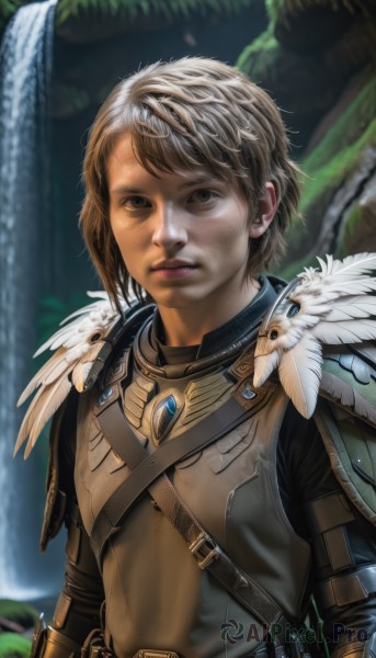 1girl,solo,looking at viewer,short hair,brown hair,1boy,brown eyes,closed mouth,upper body,weapon,male focus,outdoors,belt,water,armor,blurry,black eyes,lips,blurry background,feathers,shoulder armor,androgynous,realistic,nose,waterfall,scar,fantasy,chainmail