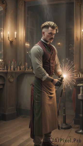 solo,short hair,blonde hair,shirt,gloves,long sleeves,1boy,standing,full body,white shirt,male focus,shoes,black gloves,pants,indoors,apron,vest,window,night,facial hair,brown footwear,wooden floor,realistic,mustache,candle,fireworks,brown vest,fireplace,sparkler,looking at viewer,holding,boots,necktie,collared shirt,black footwear,black pants,beard,red vest,brown pants,undercut,green vest