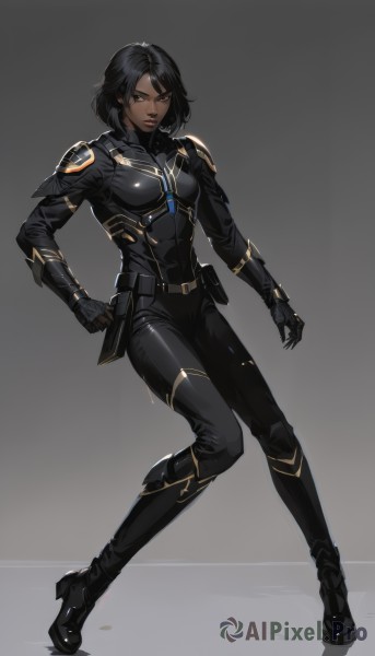 pharah (overwatch),1girl,solo,breasts,looking at viewer,short hair,bangs,simple background,black hair,gloves,brown eyes,medium breasts,closed mouth,standing,full body,boots,black gloves,belt,pants,dark skin,medium hair,grey background,black footwear,armor,high heels,official alternate costume,dark-skinned female,lips,gradient,gradient background,bodysuit,facial mark,clenched hand,high heel boots,black bodysuit,facial tattoo,eye of horus,black eyes,gauntlets