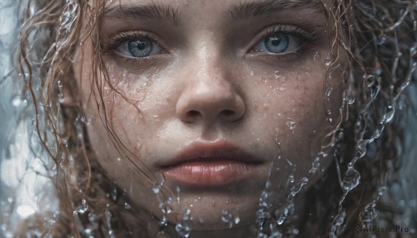 1girl, solo, looking at viewer, blue eyes, blonde hair, brown hair, closed mouth, water, lips, eyelashes, portrait, close-up, freckles, water drop, realistic, nose