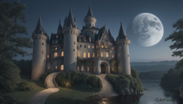 outdoors,sky,cloud,water,tree,no humans,night,moon,grass,building,nature,night sky,scenery,full moon,forest,reflection,mountain,fantasy,clock,river,castle,tower,lake,scarlet devil mansion,clock tower,plant,star (sky),starry sky,rock,road,bush,bridge,landscape,moonlight,path,arch