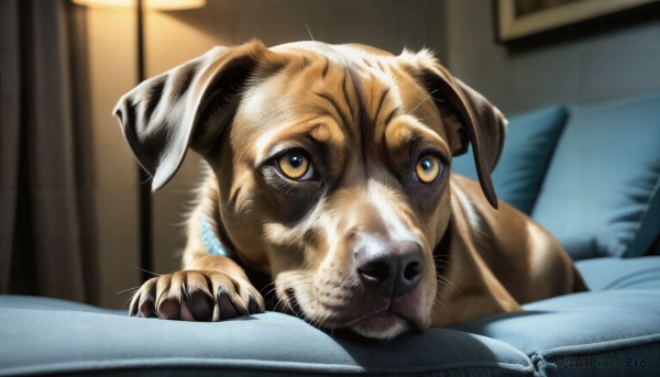 HQ,solo,brown eyes,yellow eyes,indoors,blurry,pillow,book,no humans,bed,animal,cat,claws,dog,open book,realistic,reading,lamp,animal focus,whiskers,looking at viewer,blurry background,on bed