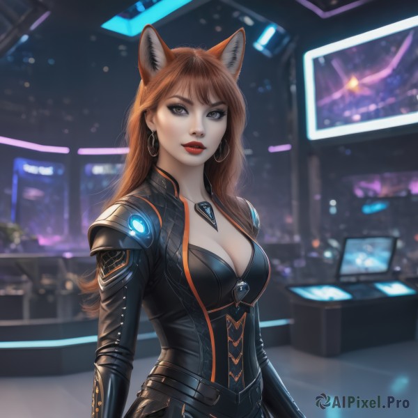 1girl,solo,long hair,breasts,looking at viewer,bangs,large breasts,brown hair,animal ears,cleavage,brown eyes,jewelry,medium breasts,earrings,parted lips,belt,cat ears,necklace,blurry,lips,bodysuit,makeup,blurry background,lipstick,science fiction,hoop earrings,black bodysuit,red lips,closed mouth,tail,upper body,artist name,signature,armor,fox ears,fox girl,realistic