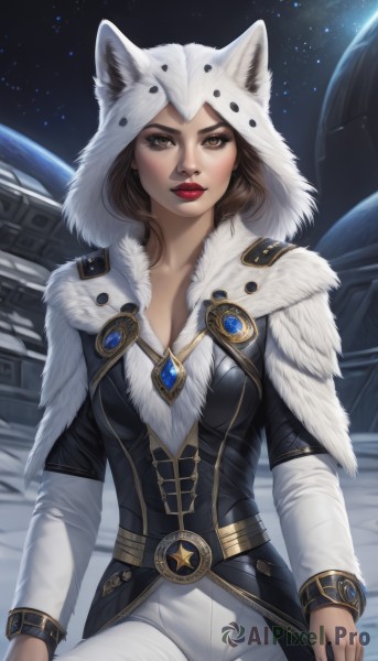 1girl,solo,breasts,looking at viewer,brown hair,long sleeves,animal ears,cleavage,brown eyes,jewelry,medium breasts,sitting,closed mouth,outdoors,sky,belt,pants,artist name,signature,hood,lips,fur trim,makeup,capelet,lipstick,brooch,gem,star (sky),web address,snow,hood up,starry sky,animal hood,white pants,nose,red lips,space,hooded capelet,short hair,black hair,cowboy shot,alternate costume,official alternate costume,buttons,watermark,realistic,planet,spacecraft,pelt