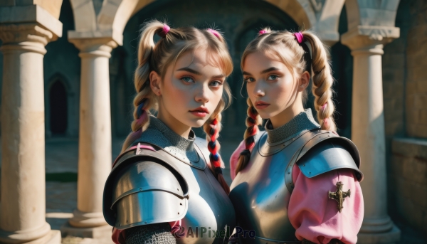 long hair,breasts,looking at viewer,blue eyes,multiple girls,blonde hair,brown hair,2girls,twintails,brown eyes,jewelry,upper body,braid,earrings,parted lips,puffy sleeves,armor,blurry,twin braids,lips,blurry background,siblings,sisters,shoulder armor,pauldrons,twins,breastplate,red lips,shoulder pads,symmetry,plate armor,boobplate,hair ornament,makeup,crossover,realistic,chainmail