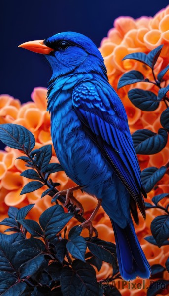 solo,looking at viewer,closed mouth,full body,flower,blurry,black eyes,from side,pokemon (creature),no humans,blurry background,bird,animal,leaf,plant,animal focus,talons,beak,artist name,depth of field,blue background