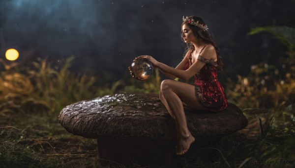 1girl,solo,long hair,breasts,brown hair,black hair,dress,holding,cleavage,bare shoulders,jewelry,medium breasts,sitting,closed eyes,outdoors,sky,barefoot,dark skin,blurry,dark-skinned female,bare legs,night,depth of field,short dress,moon,red dress,tiara,star (sky),starry sky,realistic,planet,dirty,dirty feet,hair ornament,braid,flower,from side,profile,grass,night sky,rock,head wreath,sitting on rock