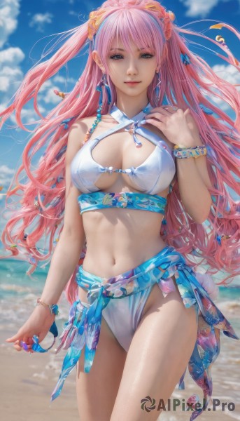 1girl,solo,long hair,breasts,looking at viewer,smile,bangs,large breasts,hair ornament,navel,cleavage,jewelry,medium breasts,very long hair,closed mouth,standing,swimsuit,pink hair,bikini,multicolored hair,cowboy shot,earrings,outdoors,sky,day,cloud,water,nail polish,bracelet,blue sky,lips,ocean,white bikini,beach,blue nails,realistic,sarong,blue eyes,flower,thighs,hairband,artist name,hand up,hair flower,stomach,blurry,two side up,watermark,cloudy sky,beads,bead bracelet