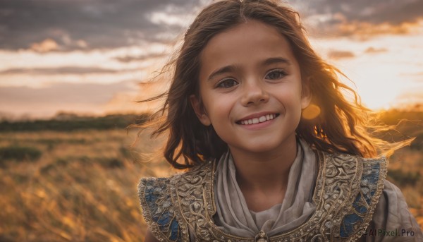 1girl,solo,long hair,looking at viewer,smile,brown hair,brown eyes,jewelry,upper body,outdoors,sky,teeth,cloud,medium hair,grin,blurry,black eyes,lips,depth of field,blurry background,cloudy sky,wind,portrait,forehead,realistic,field,open mouth,earrings,sunlight,backlighting