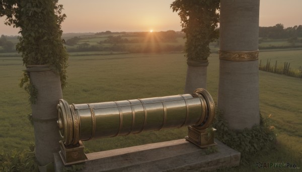 A peaceful sunset outdoors with a landscape