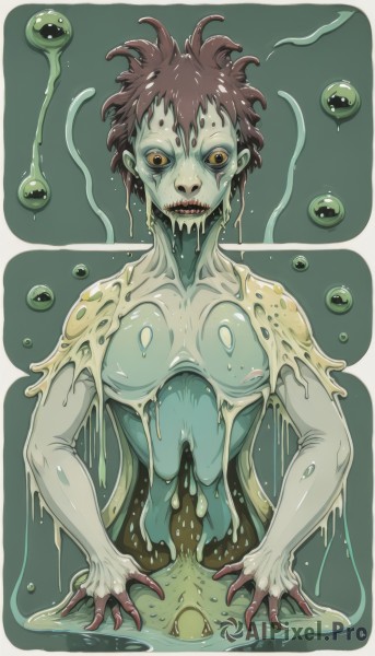 solo,looking at viewer,open mouth,1boy,yellow eyes,upper body,male focus,nude,teeth,colored skin,sharp teeth,monster girl,colored sclera,green background,monster,green skin,dripping,extra eyes,yellow sclera,slime (substance),horror (theme),1girl,short hair,brown hair,nipples,makeup,lipstick