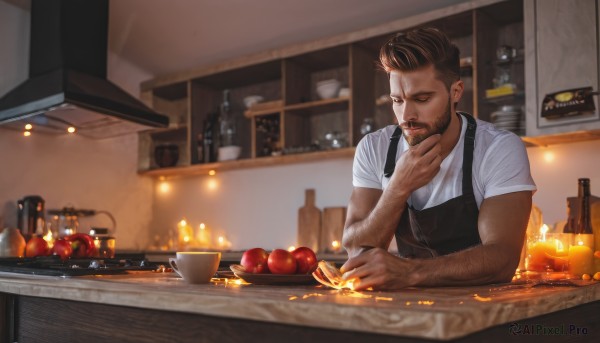 solo,short hair,brown hair,shirt,black hair,1boy,white shirt,upper body,short sleeves,male focus,one eye closed,food,indoors,blurry,apron,cup,muscular,fruit,facial hair,beard,realistic,apple,hand on own chin,undercut,cooking,kitchen,bar (place),arm hair,black apron,counter,brown eyes,blurry background,bottle,muscular male,alcohol,mature male,mustache,manly,orange (fruit)