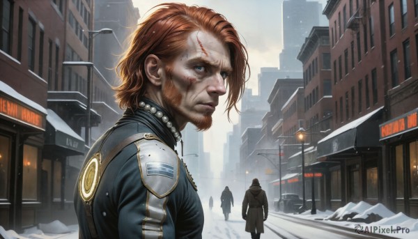 HQ,short hair,blue eyes,brown hair,1boy,jewelry,male focus,outdoors,multiple boys,solo focus,2boys,necklace,orange hair,uniform,coat,blood,facial hair,scar,ground vehicle,building,motor vehicle,beard,snow,injury,snowing,city,realistic,car,road,police,street,police uniform,science fiction,manly,animification,lamppost