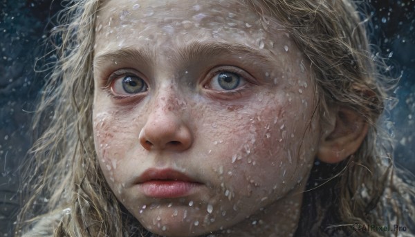 1girl,solo,long hair,looking at viewer,blue eyes,blonde hair,closed mouth,water,lips,wet,grey eyes,eyelashes,portrait,snow,close-up,freckles,rain,snowing,realistic,nose,wet hair,green eyes