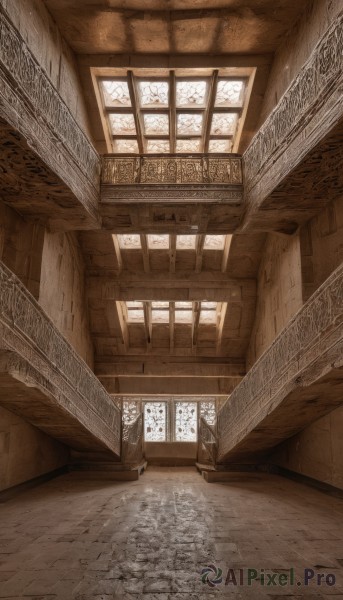 monochrome,day,indoors,no humans,window,sunlight,scenery,wooden floor,stairs,door,architecture,east asian architecture,sepia,pillar,ceiling,hallway,brown theme,arch,shadow,ceiling light