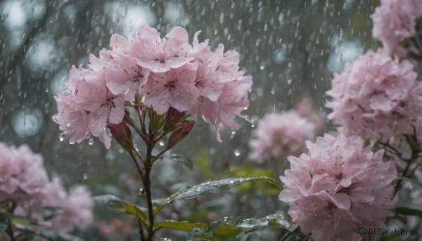 flower, outdoors, water, blurry, no humans, depth of field, blurry background, leaf, cherry blossoms, scenery, pink flower, rain, water drop, branch, still life