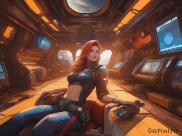 1girl,solo,long hair,breasts,looking at viewer,blue eyes,gloves,navel,cleavage,jewelry,medium breasts,sitting,red hair,parted lips,midriff,belt,pants,indoors,orange hair,lips,clothing cutout,bodysuit,cleavage cutout,science fiction,blue pants,cockpit,holding,weapon,holding weapon,gun,makeup,handgun,realistic,nose,spacecraft