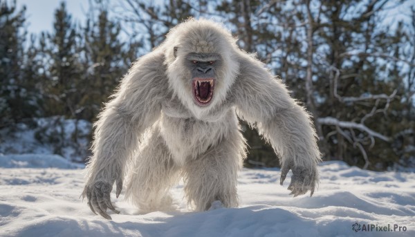 solo,looking at viewer,open mouth,red eyes,standing,outdoors,teeth,day,tongue,blurry,tree,pokemon (creature),no humans,blurry background,fangs,sharp teeth,nature,claws,snow,forest,realistic,white fur,winter,bare tree,animal,glowing eyes,monster