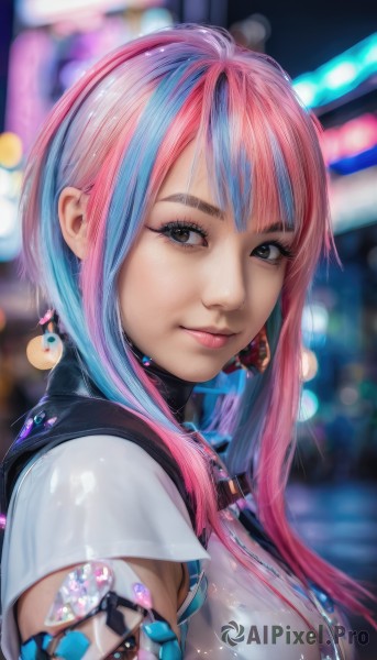 1girl,solo,long hair,breasts,looking at viewer,smile,bangs,shirt,brown eyes,jewelry,medium breasts,closed mouth,blue hair,white shirt,upper body,pink hair,short sleeves,multicolored hair,earrings,blurry,from side,two-tone hair,lips,streaked hair,makeup,depth of field,blurry background,short hair with long locks,science fiction,realistic,nose,cyborg,cyberpunk,short hair,sidelocks,artist name,looking to the side,eyelashes,watermark,freckles,bokeh,neon lights